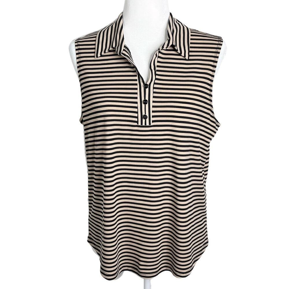Diana Belle Womens Sleeveless Top L Black & Tan Striped 1/4 Button Collared Tank - Picture 2 of 7